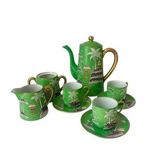 Moriage Teapot Set Green Teacups Saucers Cream & Sugar